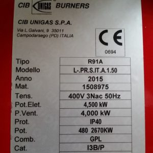 BRUCIATORE NUOVO GPL 480-2670 KW - ANNO 2015 Tipo R91A